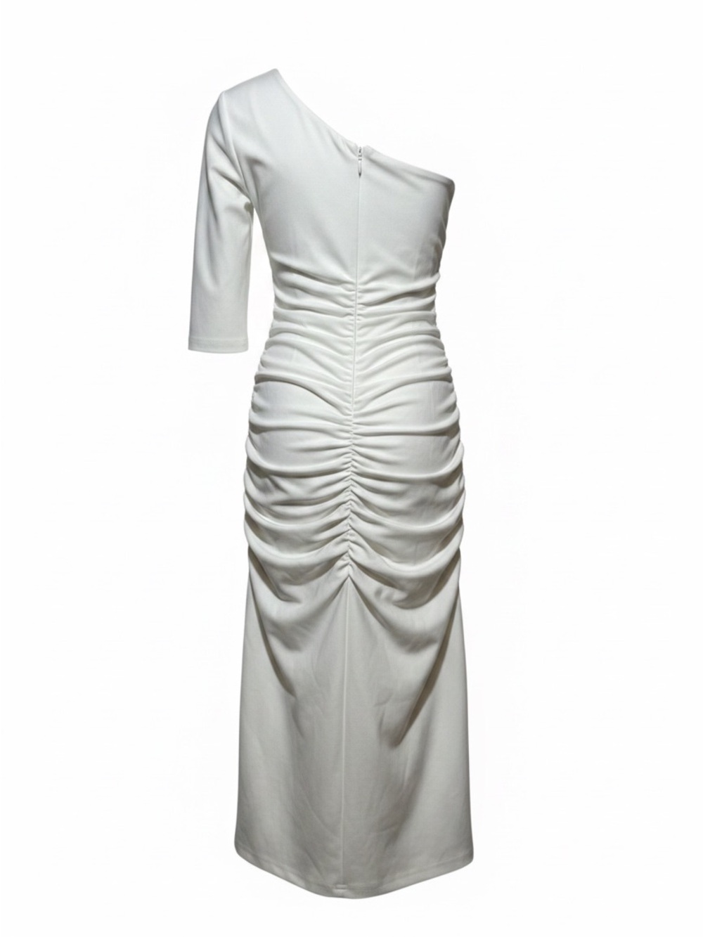 Alieva Dolly Bodycon White One-Shoulder Fitted Ruched Midi Dress with Belt Sz L - Picture 5 of 15